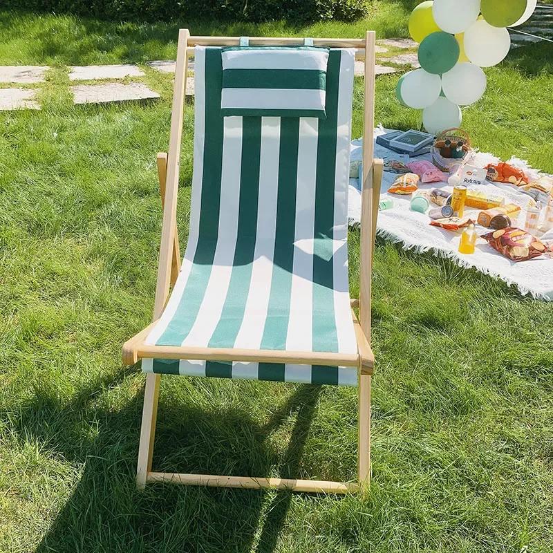 Outdoor Minimalist Beach Chair Modern Luxury Design Wooden Foldable Lounge Oxford Cloth Portable Comfortable Leisure Furniture