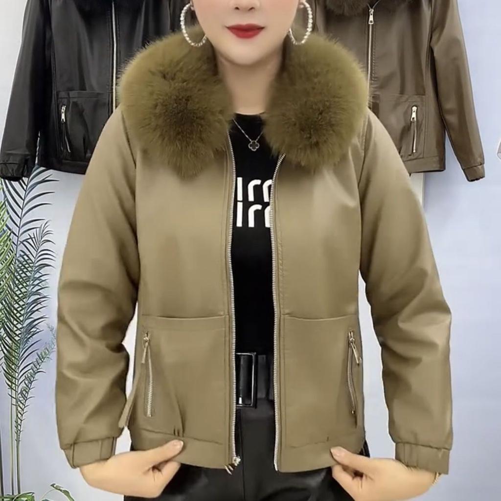 Large Fur Collar Plus Fleece Thick Leather Coat Women Autumn and Winter New Fashion All Match Warm Coat Women Leather Jackets