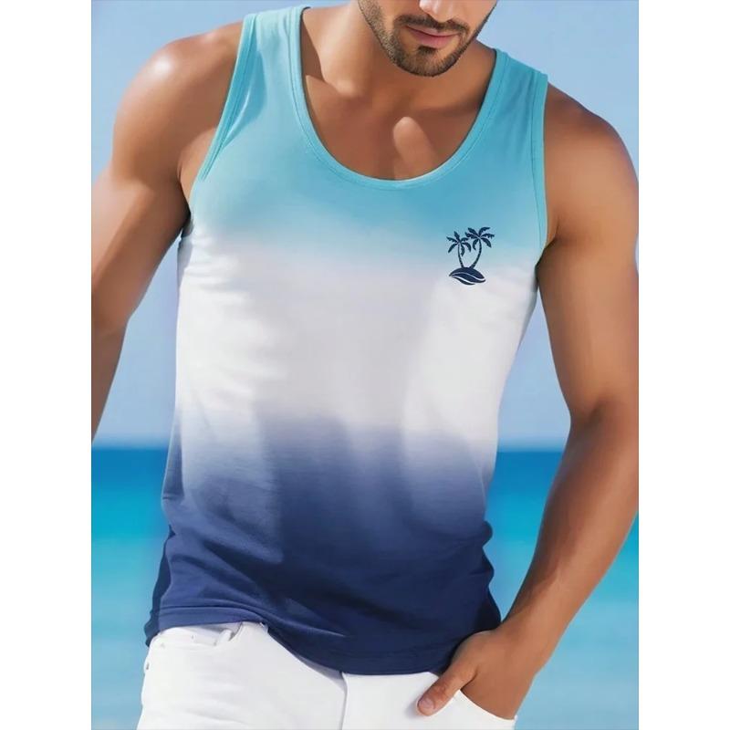 Letní tričko s kulatým výstřihem s 3D gradientním potiskem kokosových palem, módní ležérní havajský styl, pánské tílko bez rukávů