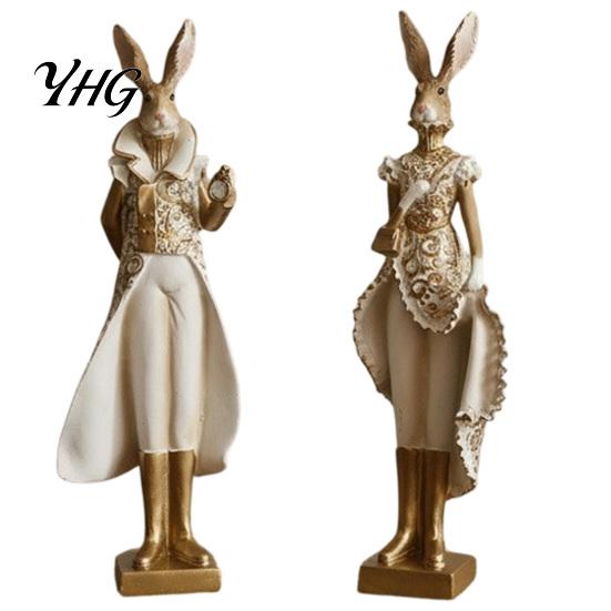 Elegant Shelf Decor for Home Vintage Resin Mr & Mrs Rabbit Figurine, Dress Bunny Statues, Farmhouse Minimalist Desktop Decorations Country Tabletop