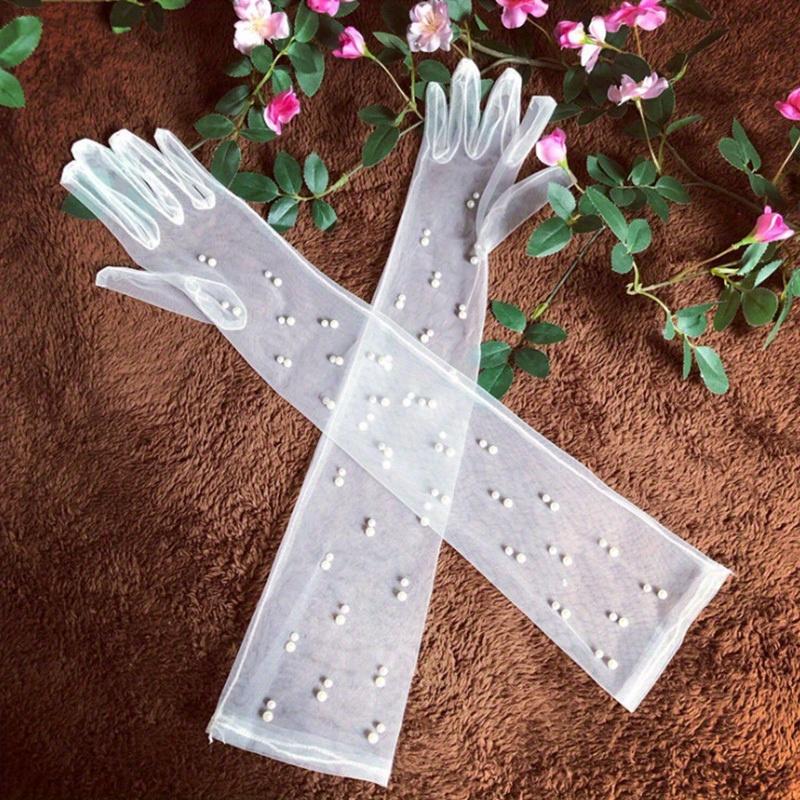 55cm Transparent Wedding Gloves Simualtion Pearls Long Elbow Mittens Mesh Arm Covers Women Party Bridal Dress Accessories Photo Props