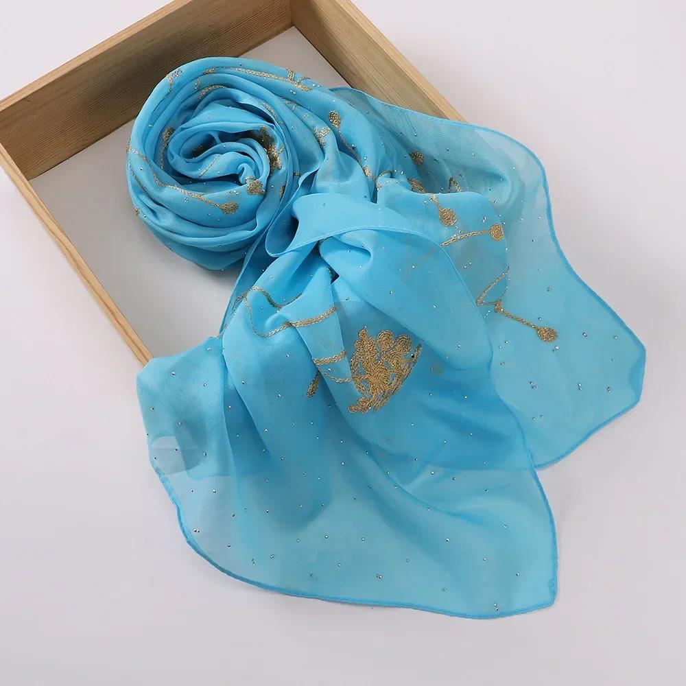 New Embroidered Diamond Chiffon Hijab Scarf Women Luxury Soft Plain Shawl For Women Muslim Hijabs For Women Turban Femme Bandana