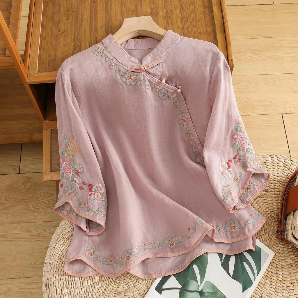Summer Women's Artistic Vintage Embroidery Slimming Cotton Linen Women's Top with Button Color Block Sleeveless Shirt