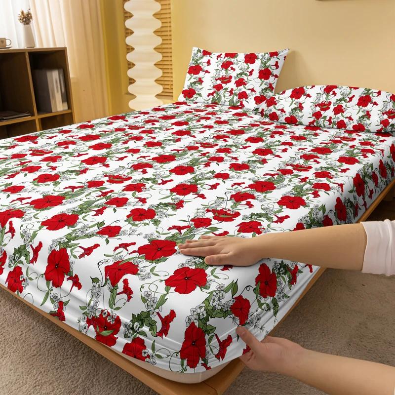Simple 1 Modern Plant Flower Printed Matte Fitted Sheet, Bedroom Printed Bed Cover, Bedding Excluding Pillowcases