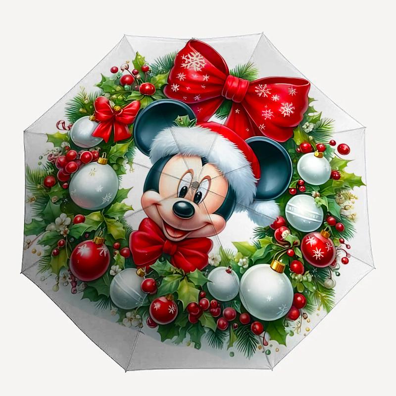 Mickey Mouse Christmas Wreath Automatic Opening and Closing Umbrella - 8 Ribs Portable Folding Umbrella with Plastic Handle, Suitable for Le