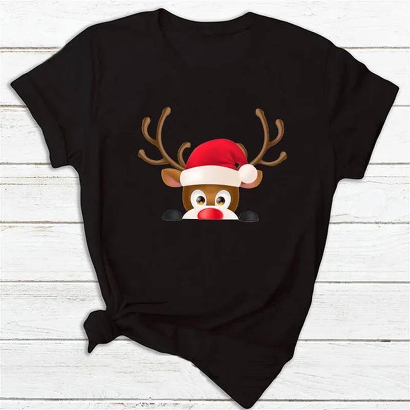 Maycaur Fashion Women's Top T-shirt Women's Merry Christmas T-shirt Fun Cartoon Christmas reindeer print Black T-shirt Women's