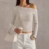 Damen schulterfrei gestreift Langarm Crop Top Rippstrick figurbetont Lässig Ausgeh-T-Shirt