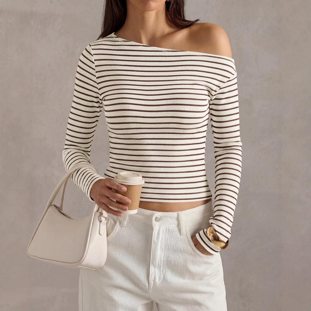 Damen schulterfrei gestreift Langarm Crop Top Rippstrick figurbetont Lässig Ausgeh-T-Shirt