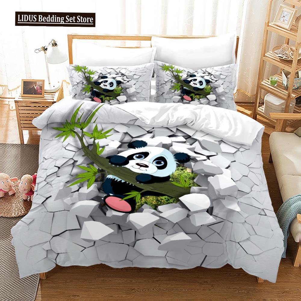 3D Panda Duvet Cover Set King Size Cute Panda Bamboo Bedding Set Black White Bear Polyester Quilt Cover For Boy Kid For Bedroom