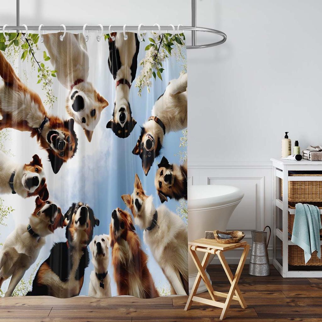 1pc Cute Dog Printed Waterproof Shower Curtain Shower Partition Bathroom Privacy Protection with 12 Hooks for Easy Installation