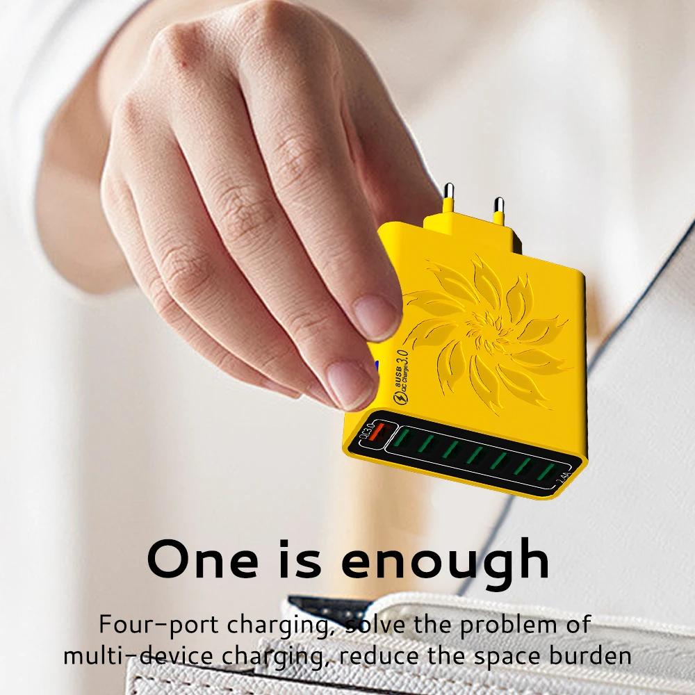 65W Household 8 Ports USB Charger with Data Cable For Multiple Devices USB Fast Charging Wall Adapter Quick Charge 3.0 Charger