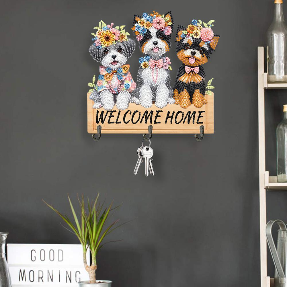 Wooden Diamond Art Hanging Hooks with 3 Hooks Rhinestone Painting Coat Hook Welcome Home Dog DIY Diamond Painting Art Hooks