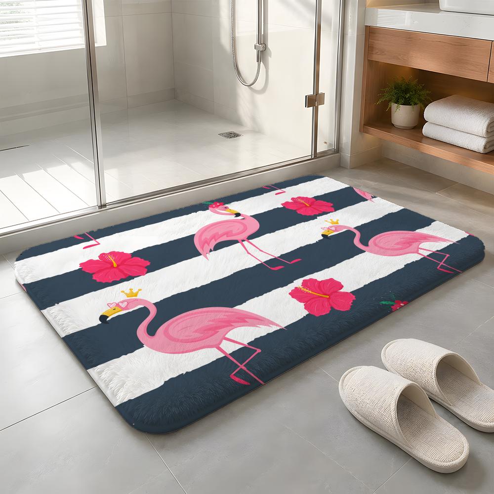 Cabana Stripe Flamingo Floor Mat Machine Washable Soft Flannel Area Rug, Non-Slip Absorbent Floor Mat for Living Room Bedroom