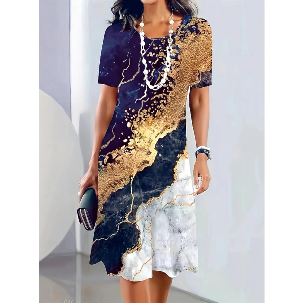 Women's Fashion Marble Texture Pattern Print Summer Spring Short Sleeve O-Neck Casual Dresses
