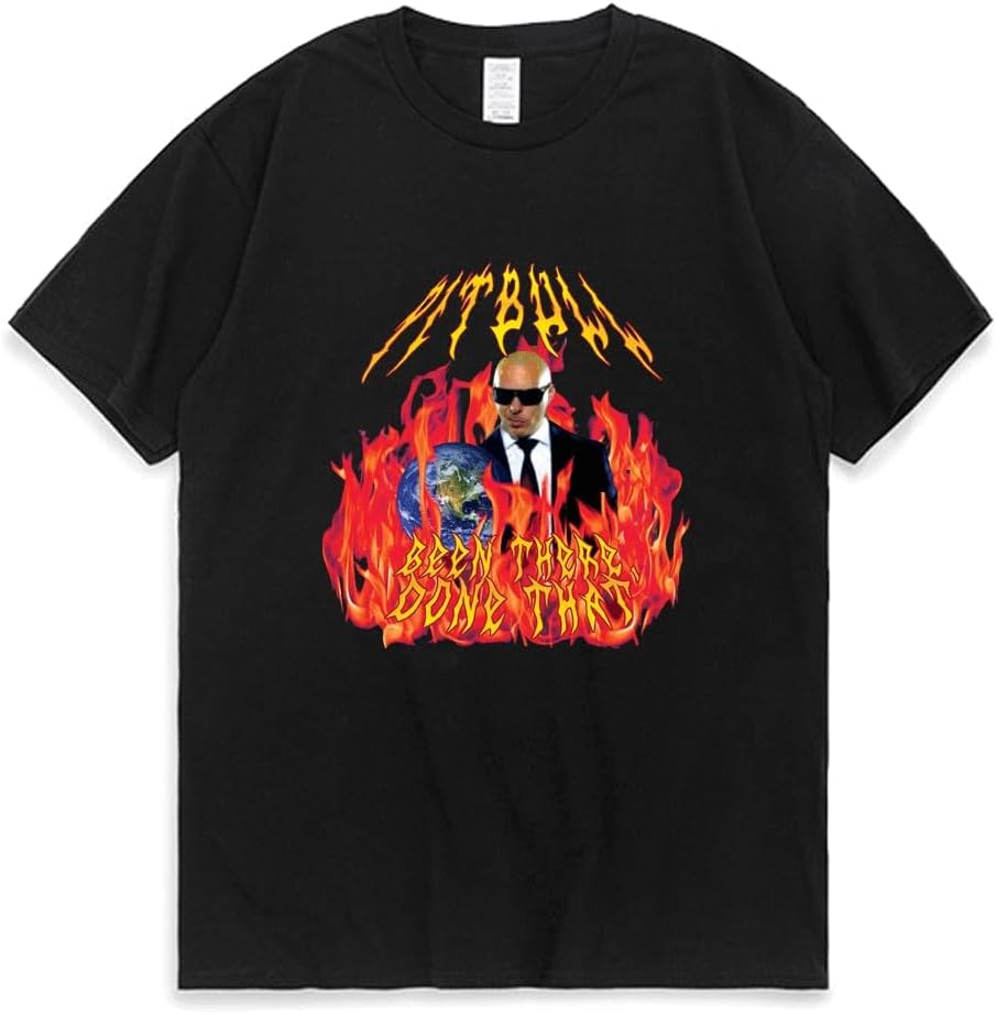 Heavy Metal Pitbull with Flames Men T Shirt Men Women Mr. Worldwide Gives Done That Tee Shirt Fashion Hip Hop Black T Shirt Black S L