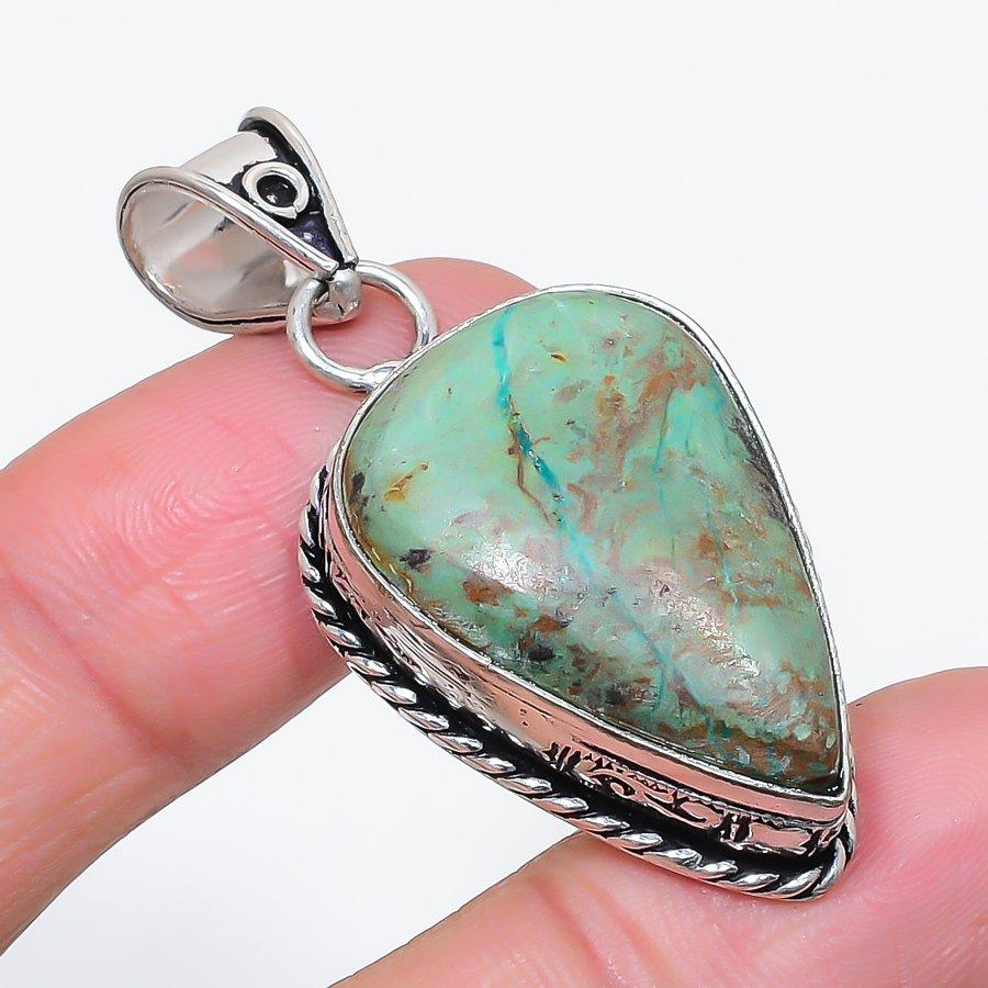Natural Chrysocolla Gemstone 925 Sterling Silver Jewelry Pendant 1.97" D1B20