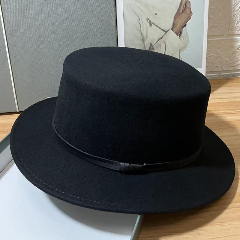 French Autumn and Winter New Retro Wool Flat Top Top Hat Women's Outdoor Warm Big Brim Versatile Face Small Felt Hat