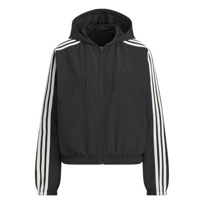 FW24 Webjacke 3-Streifen Serie Pilot Sportlich Lässig Kapuze Reißverschluss Langarmjacke Damenjacken Schwarz JN0757