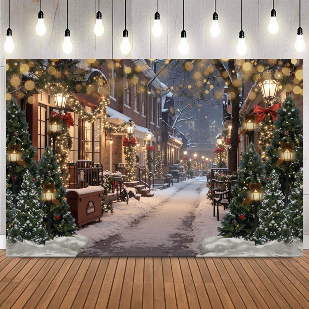 Snow Winter Christmas Village Background Pine Tree Houses Backdrop New Year Home Decoration Photography Photo Studio Props12