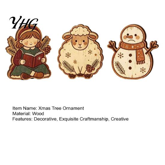 Desktop Christmas Tree Decor Wooden Ornaments, Vintage Colorful Decoration, Rustic Holiday Wood Figurines Miniature Snowman Figures with Pine