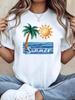 Women Casual Beach T‑Shirt Energetic Summer Vacation Graphic Print Palm Tree Sun Wave Slogan Crew Neck Short Sleeve Everyday Vacation Wear Tee