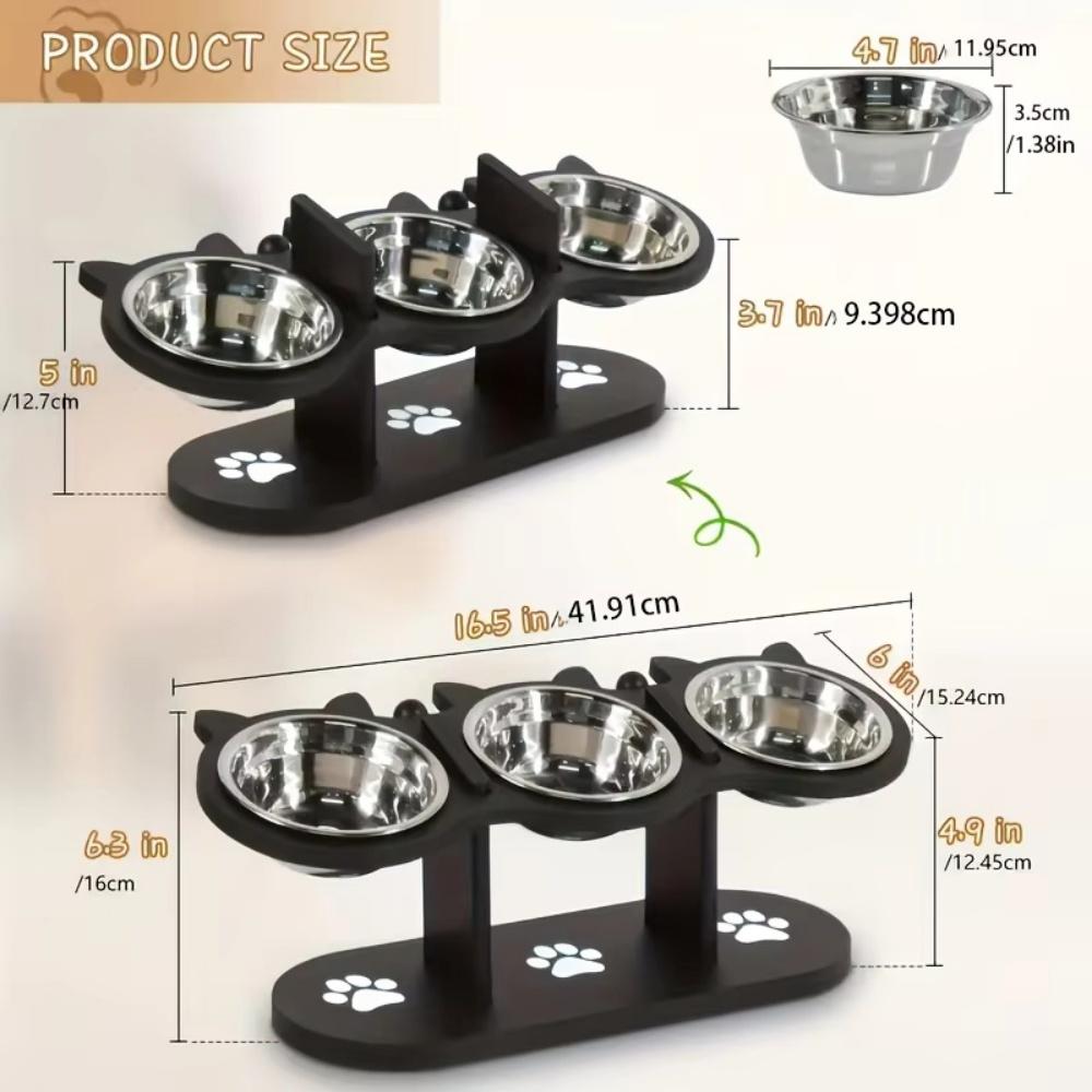 Wooden Elevated Cat Bowl Stand Adjustable Height Pet Feeder 3 Stainless Steel Bowls Station Anti Slip Cat Food Water Bowl Holder