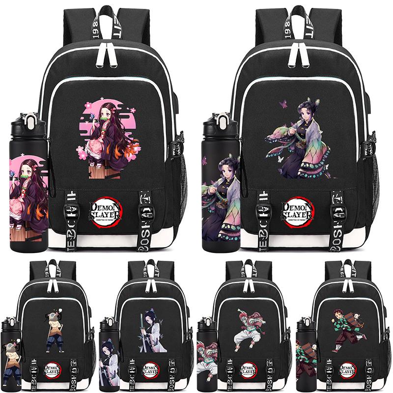 2Pcs/set Anime Demon Slayer Printed Backpack Large Capacity Waterproof Bookbag With 750ml Water Bottler Laptop Student Boy Girl Bookbag Gift