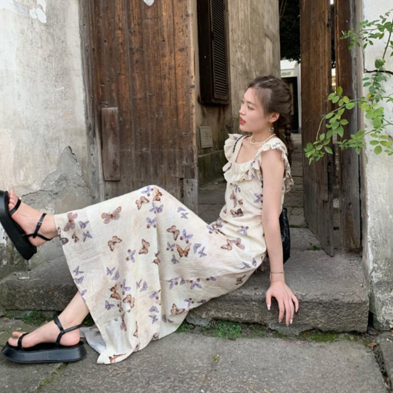 Summer 2025 Fashion Print Bufferfly Casual Long Dress Women Fashion Chic Ruffled Square Collar Dress Korean Elegant Bodycon Robe