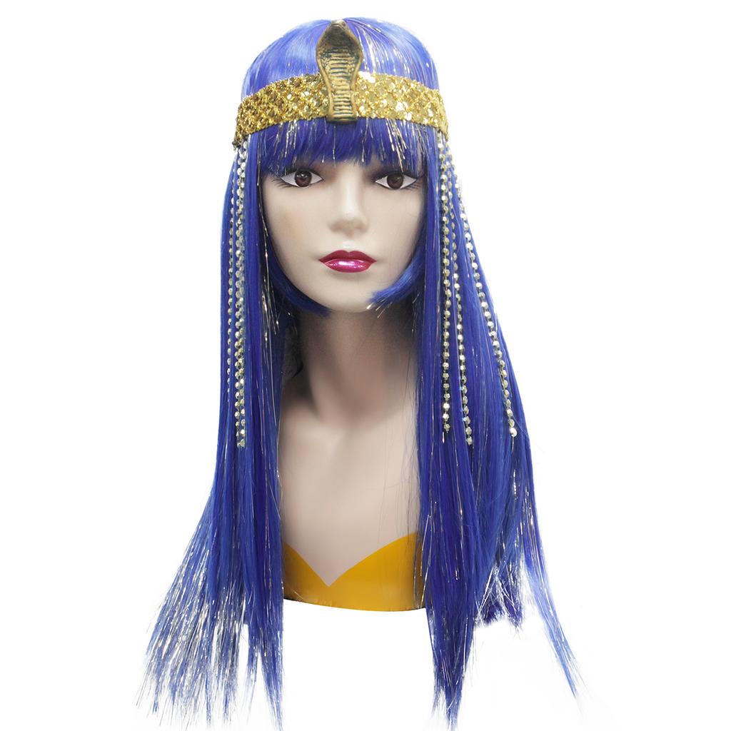 Blue Straight Fringe Synthetic Wig Cleopatra Snakehead Headwear with Wig Queen of Egypt Wig