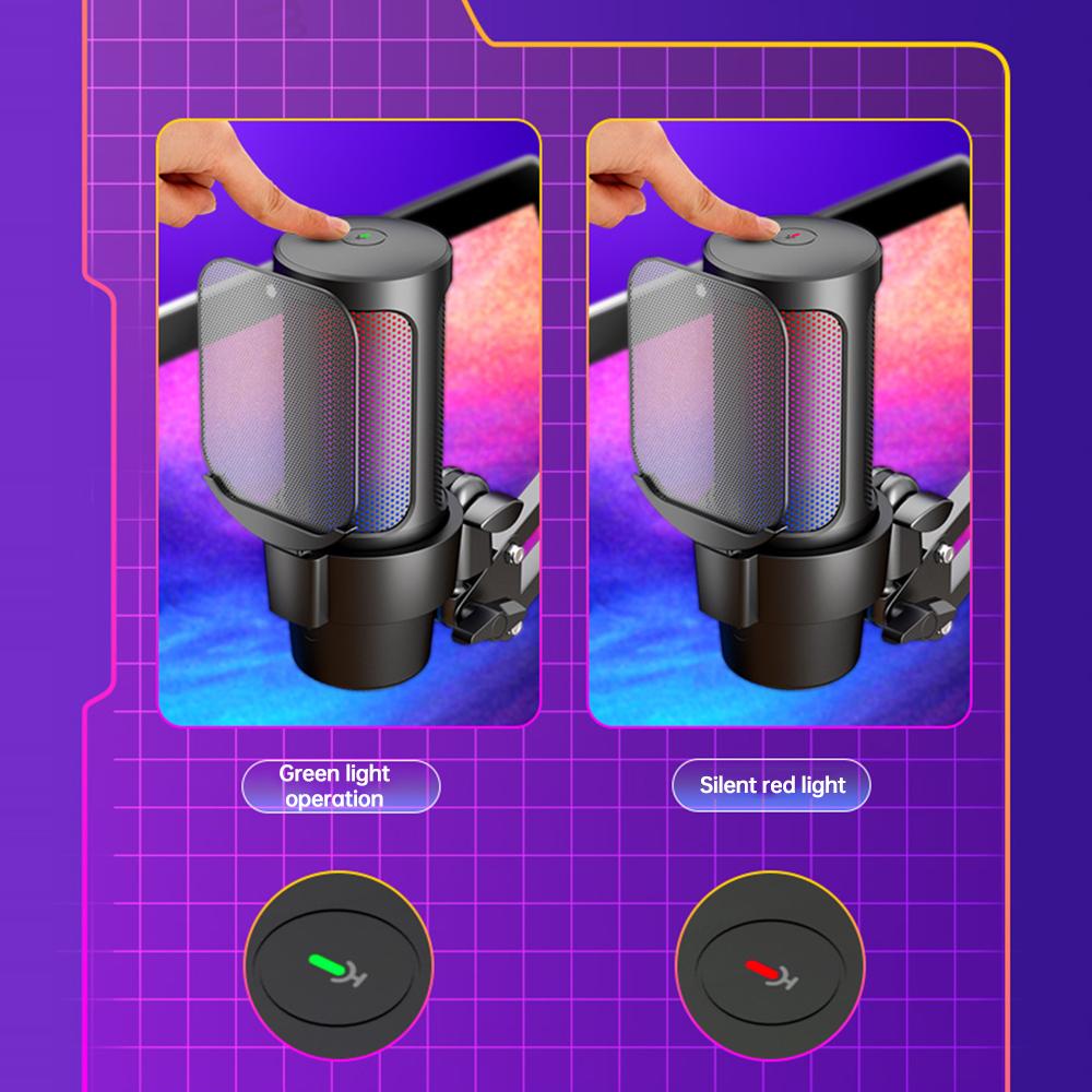 USB Gaming Microphone Computer Mic Kit RGB Lighting Cardioid Mode Pick Up Quick Mute and Gain Knob with Boom Rack for