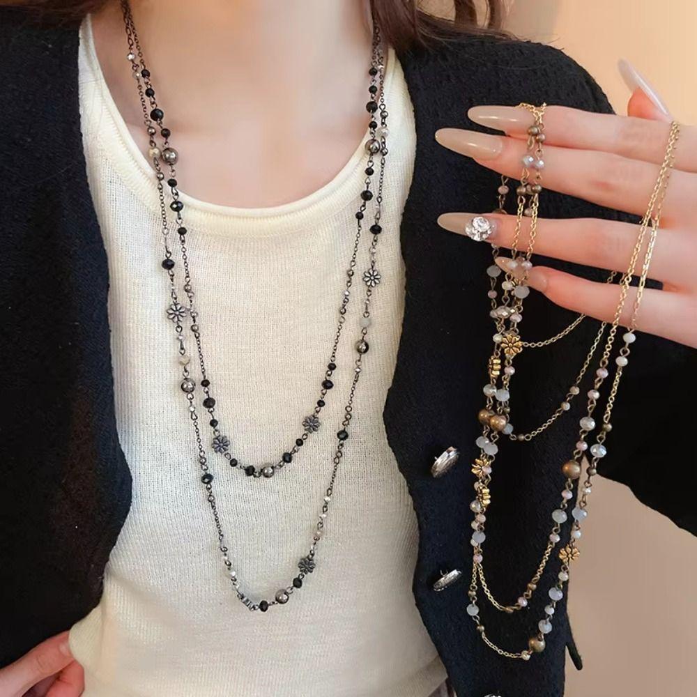 Long Flower Necklace Beaded Geometric Necklace Fashion Sweater Chain