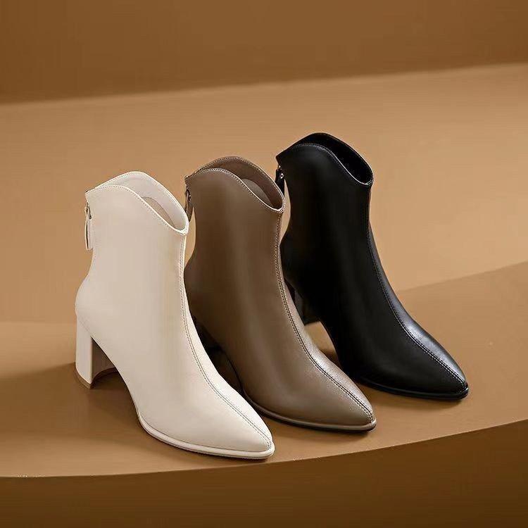High Heels Women's Thick Heel Pointed Short Boots White Women's Boots 2025 Autumn and Winter New Single Boots French Fashion Thin Boots
