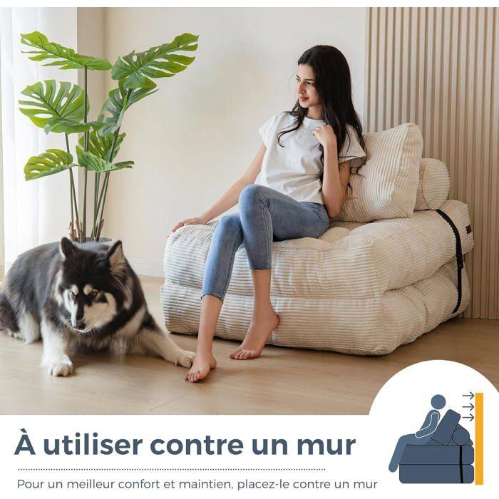 Divano letto trasformabile pieghevole con cuscino, materasso con supporto lombare, lettino prendisole portatile e confortevole per soggiorno, beige