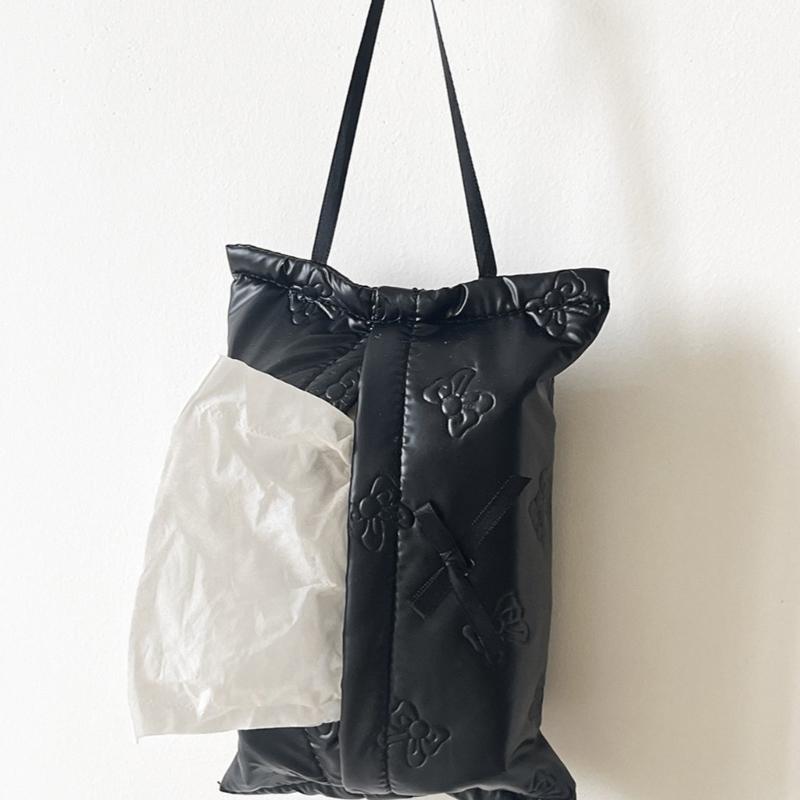 PU Tissue Holder with Ribbon Detail, Decorative Tissue Cover Bag with Upper Opening for Coffee Table Daily Home Use