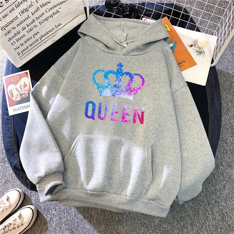 Queen King Print Sweatshirts Couples Daily Casual Sporty Hooded Long Sleeve Pullover Woman Men Home Outdoor Comfort Warm Hoodies