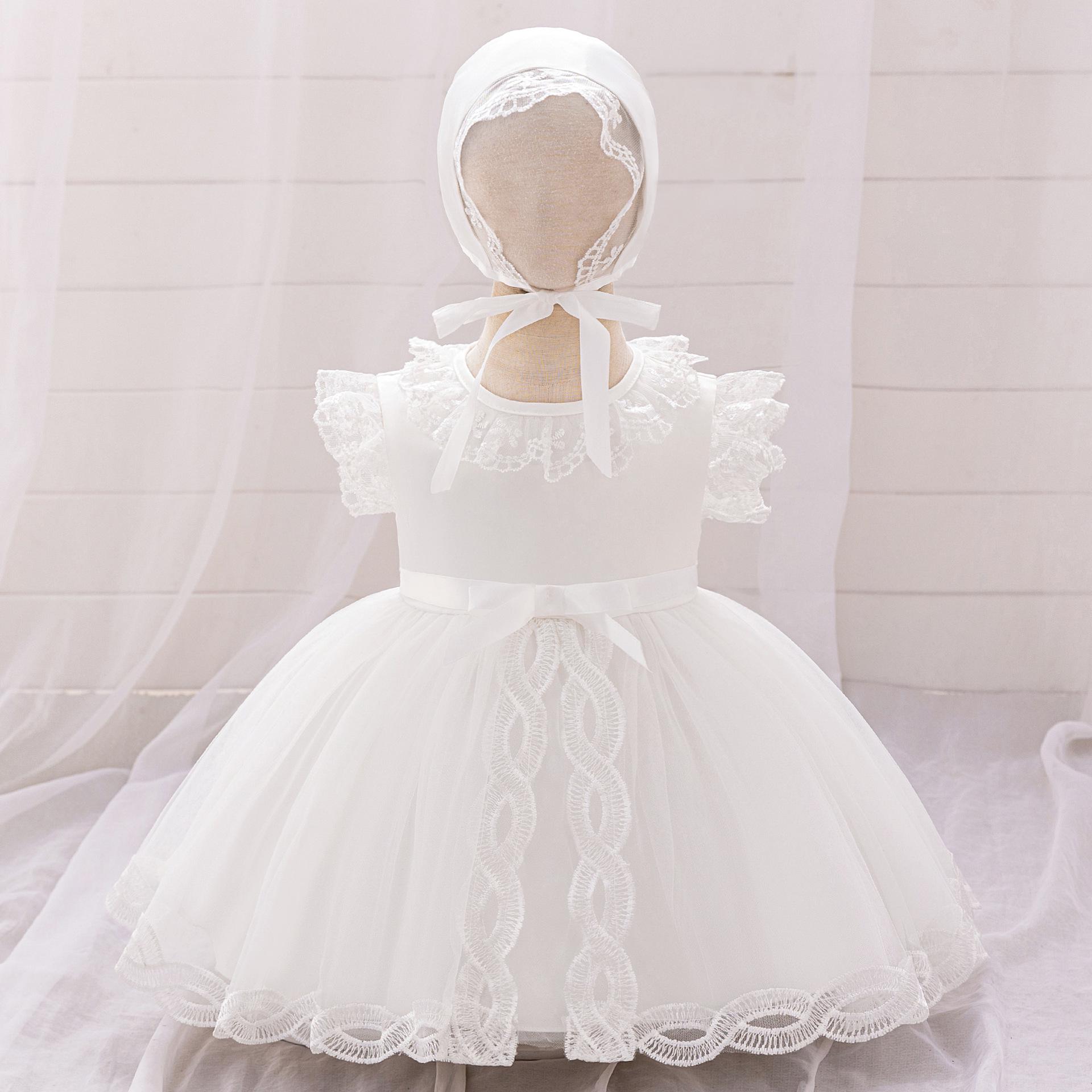 

Baby Girls White Lace Dress for First Birthday, Full Moon, or 100-Day Celebration 9-12M