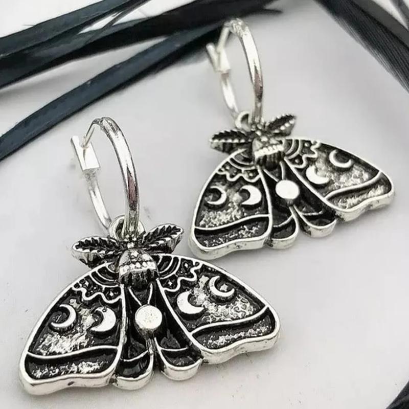 Goth Antique Silver Color Moth Moon Phase Celestial Drop Dangle Earrings For Women Wiccan Witch Charm Jewelry Accessories