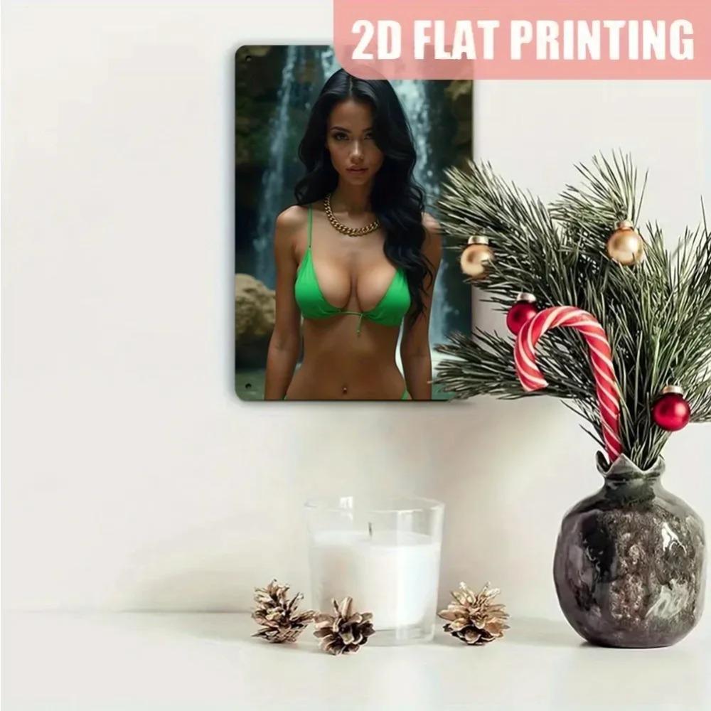 Vintage Metal Wall Art Sexy Green Bikini Beauty Decor Plaque, 7.87x11.8 Inch Retro Sign for Cave Bar Garage Room Decoration
