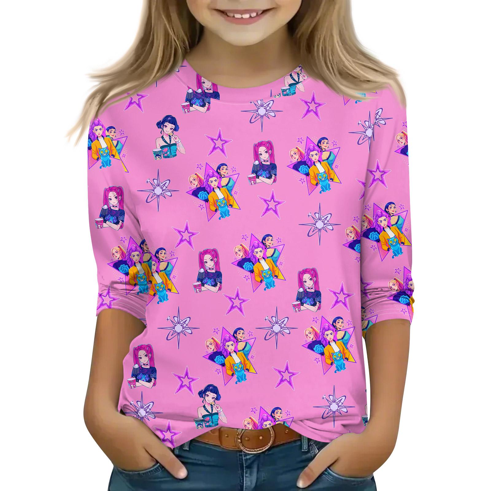 

Print Tops For Youth Girls 4-11 Years Round Neck 3/4 Sleeves T-Shirts Trendy Tops Outfit Tees 130
