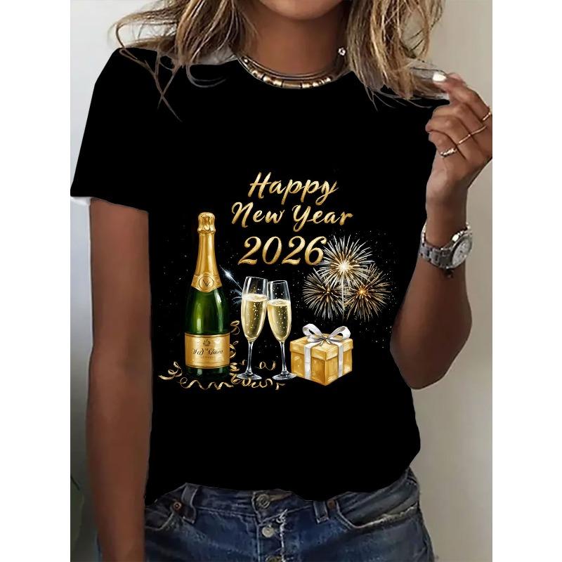 

Womens Christmas New Year Festive Print Short Sleeve Round Neck Casual Top Christmas Party Holiday Street Fashion Spring Autumn 4XL чорний