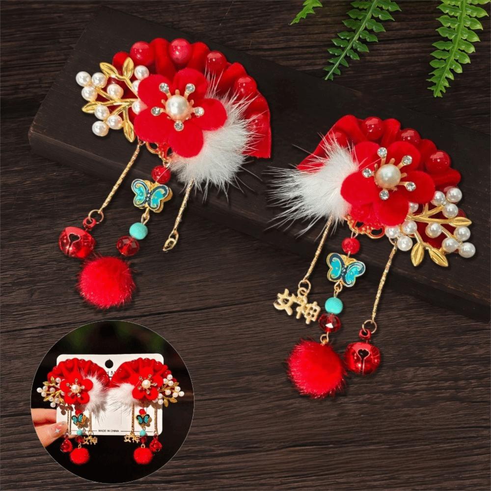 1 Pair Flower Hanfu Red Hair Clips Pearl Bow Tassel Hairpin New Year Headwear  Children
