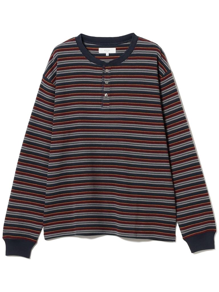 B:MING LIFE STORE by BEAMS Men's Long Sleeve T-Shirt with Waffle Stripes and Henley Neck, Navy, Size L