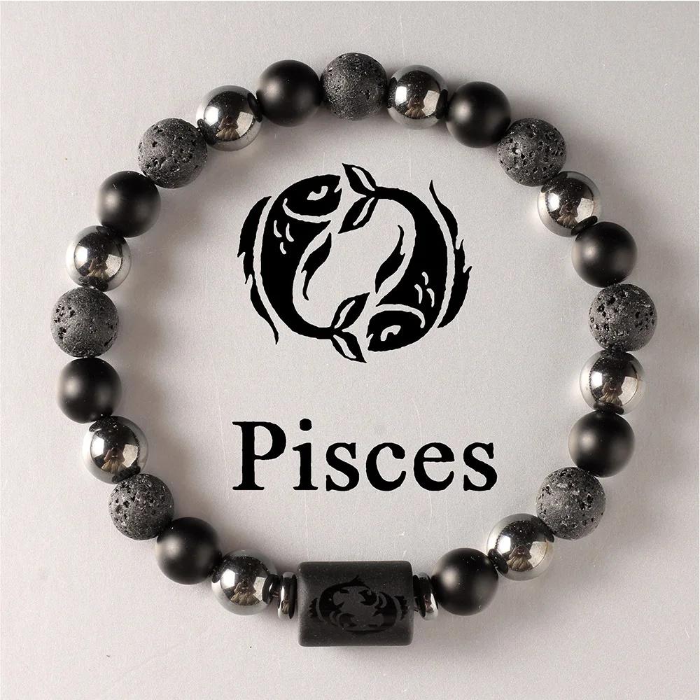12 Constellation Zodiac Signs Beads Couples Bracelet Natural Volcanic Stone Elastic Charm Bracelet for Women Men Birthday Gift