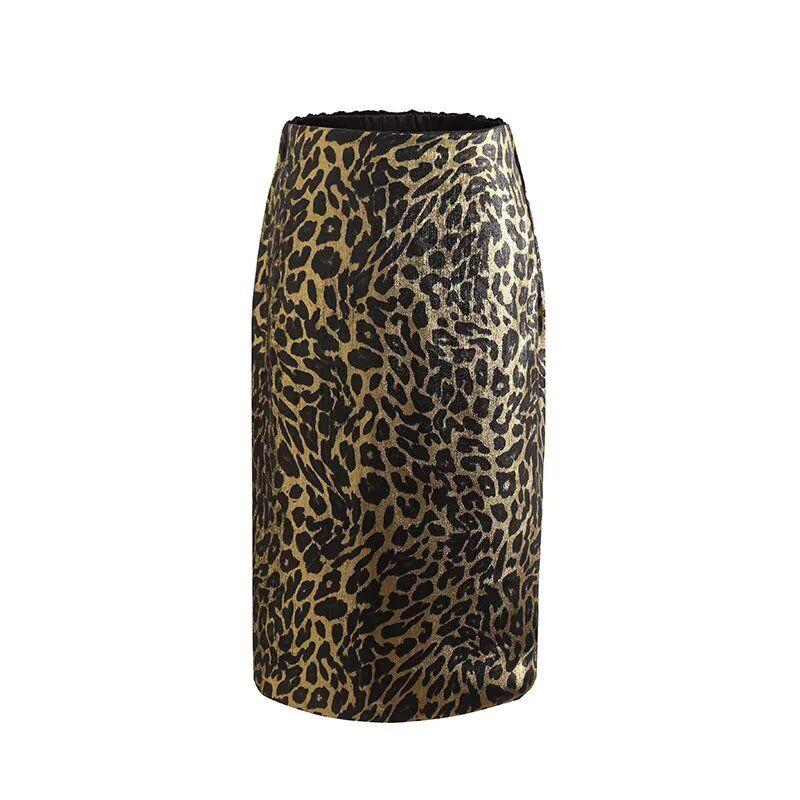 

High-End Luxury Bright Gilding Leopard Print Slit Skirt Fashionable Sexy Slimming High Mid-Length Straight Skirt Bronzing Leopard-Print Skirt L
