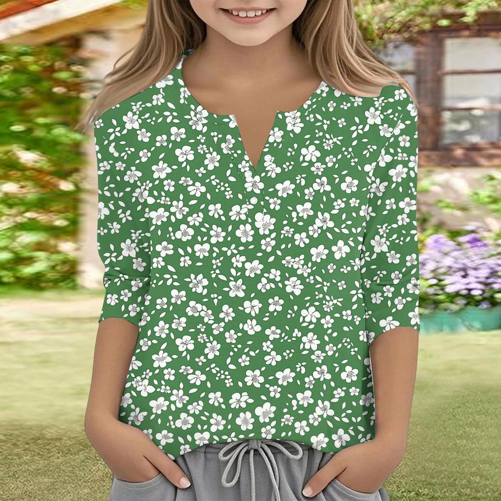 Print Tops For Youth Girls V Neck Button 3/4 Sleeves T-Shirts Trendy Tops Outfit Tees