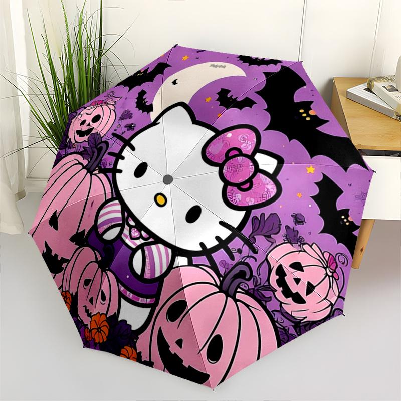 

1pc Halloween Hello Kitty Automatic Folding Umbrella - Portable 3-Fold Design with 8-Bone Iron Frame, Perfect Holiday Gift for Fans, Travelers, Everyd