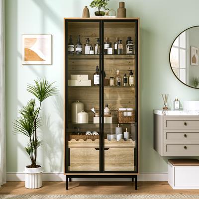 Hoge kast met glazen deur, in hoogte verstelbare glazen planken, met lade, golfdecor, metalen poten – geschikt voor woonkamer, slaapkamer en hal