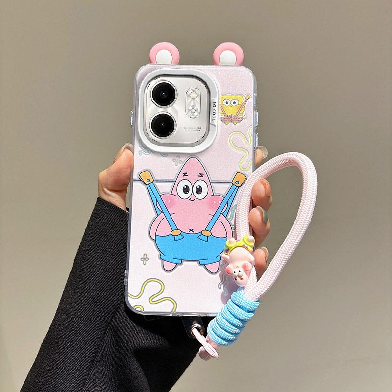 KEYSION Cute Ear Cartoon Case for Infinix Hot 50i with Lanyard Soft Silicone+PC Shockproof Phone Back Cover for Infinix Smart 9