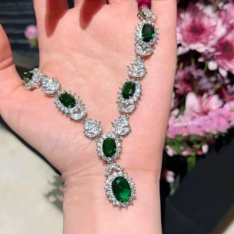 European and American High End Luxury Simulation Ruby Necklace Earrings Ring Women Colored Gems Zircon Bridal Banquet Formal Dress Set