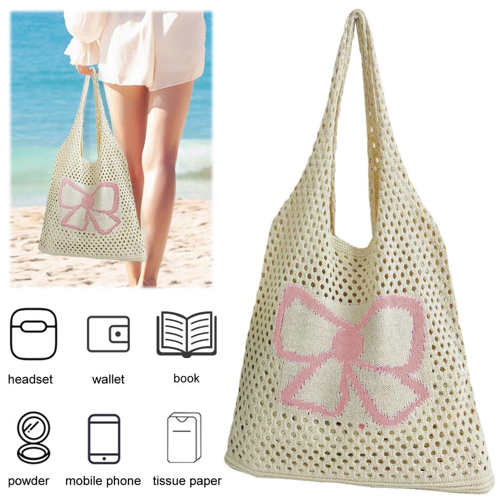 

Женская вязаная сумка на плечо, большая вместительная сумка-тоут с крючком и бантом, повседневная пляжная сумка, милая простая дорожная сумка для путешествий на открытом воздухе